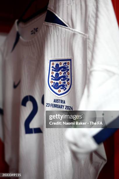 Details of kit in the England dressing room prior to the Women's international friendly match between England and Austria at Estadio Nuevo Mirador...