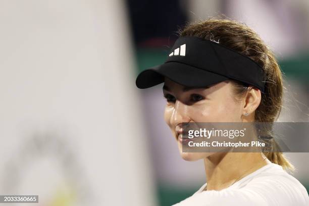 Anna Kalinskaya reacts to victory over Iga Swiatek of Poland in their women's semifinal match during the Dubai Duty Free Tennis Championships, part...