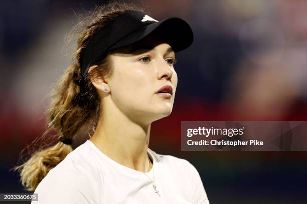 Anna Kalinskaya in action against Iga Swiatek of Poland in their women's semifinal match during the Dubai Duty Free Tennis Championships, part of the...