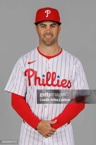 Whit Merrifield of the Philadelphia Phillies poses for a photo during the Philadelphia Phillies Photo Day at BayCare Ballpark on Thursday, February...