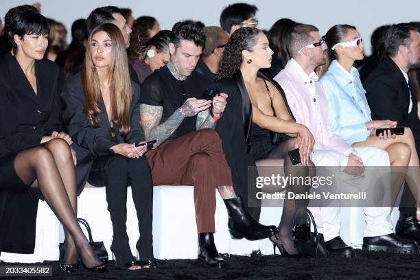 Negin Mirsalehi, Fedez, Maeta, Drew Taggart and Marianne Fonseca attend the Versace fashion show during the Milan Fashion Week Womenswear Fall/Winter...