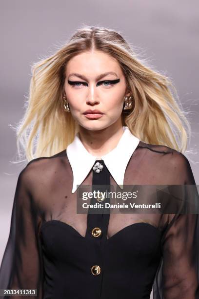 Gigi Hadid walks the runway at the Versace fashion show during the Milan Fashion Week Womenswear Fall/Winter 2024-2025 on February 23, 2024 in Milan,...