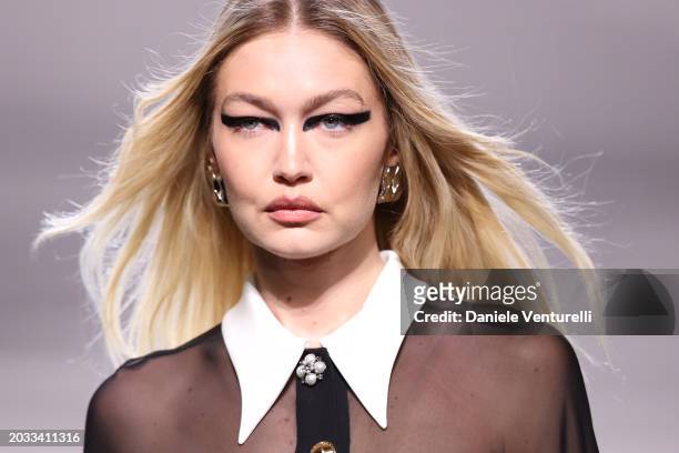Gigi Hadid walks the runway at the Versace fashion show during the Milan Fashion Week Womenswear Fall/Winter 2024-2025 on February 23, 2024 in Milan,...