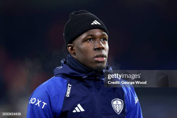 Wilfried Gnonto of Leeds United looks on in the warm up prior to the Sky Bet Championship match between Leeds United and Leicester City at Elland...