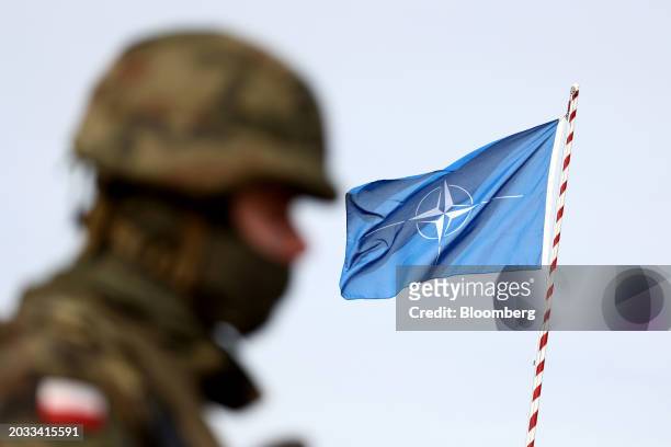 Flag during the North Atlantic Treaty Organization Brilliant Jump 2024 exercise in Drawsko Pomorskie, Poland, on Monday, Feb. 26, 2024. Sweden...