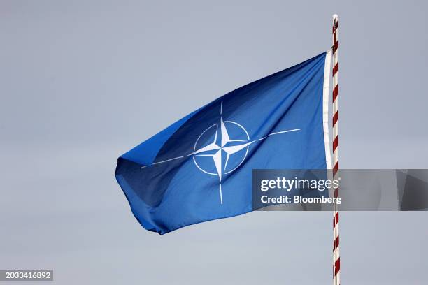 Flag during the North Atlantic Treaty Organization Brilliant Jump 2024 exercise in Drawsko Pomorskie, Poland, on Monday, Feb. 26, 2024. Sweden...