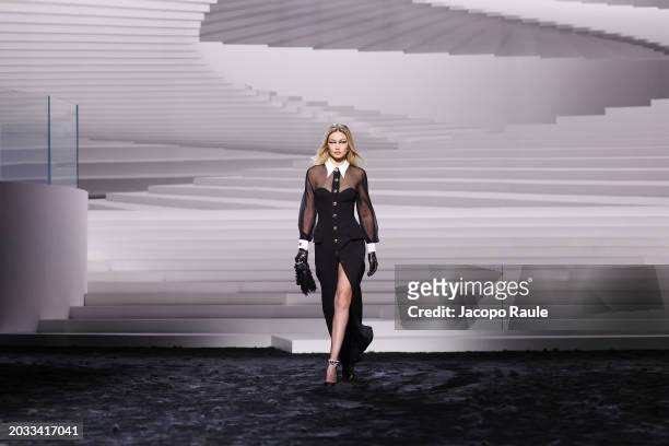 Gigi Hadid walks the runway at the Versace fashion show during the Milan Fashion Week Womenswear Fall/Winter 2024-2025 on February 23, 2024 in Milan,...
