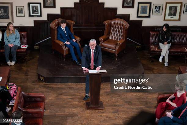 Sir Lindsay Hoyle, Speaker of the House of Commons, speaks at The Cambridge Union on February 23, 2024 in Cambridge, England.