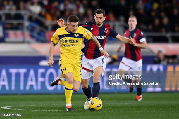 Tomas Suslov of Hellas Verona FC battles for possession with Remo Freuler of Bologna FC during the Serie A TIM match between Bologna FC and Hellas...
