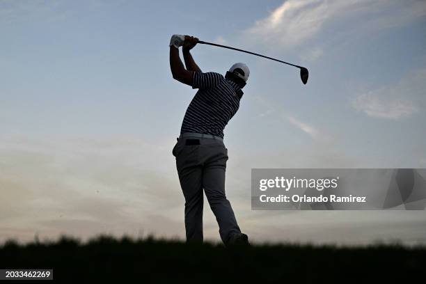 Jhonattan Vegas of Venezuela plays his shot from the first tee during the second round of the Mexico Open at Vidanta at Vidanta Vallarta on February...