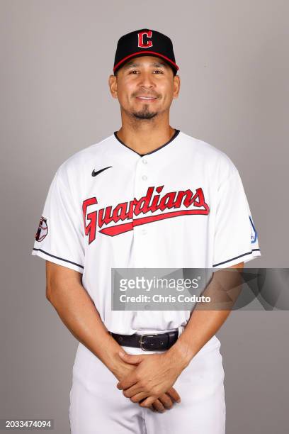 Carlos Carrasco of the Cleveland Guardians poses for a photo during the Cleveland Guardians Photo Day at Goodyear Ballpark on Thursday, February 22,...