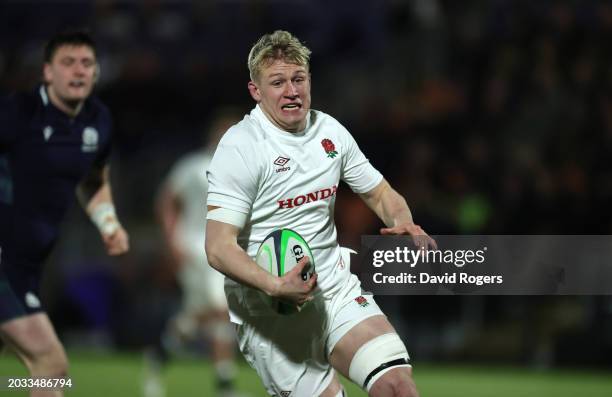 Nathan Michelow of England breaks with the ball during the Six Nations under 20 international match between Scotland and England at the Hive Stadium...