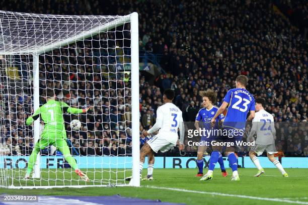 Wout Faes of Leicester City scores his team's first goal during the Sky Bet Championship match between Leeds United and Leicester City at Elland Road...