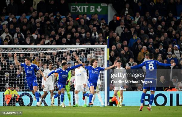 Wout Faes of Leicester City celebrates scoring his team's first goal during the Sky Bet Championship match between Leeds United and Leicester City at...