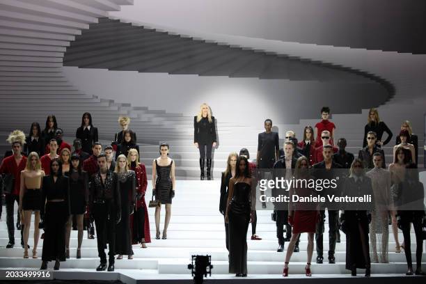 Designer Donatella Versace walks the runway at the Versace fashion show during the Milan Fashion Week Womenswear Fall/Winter 2024-2025 on February...
