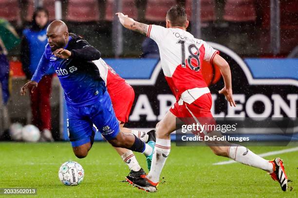 Jetro Willems of Heracles Almelo and Jens Toornstra of FC Utrecht battle for the ball during the Dutch Eredivisie match between FC Utrecht and...