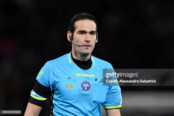 Fourth official, Giacomo Camplone, looks on after replacing first referee Rosario Abisso following an injury during the Serie A TIM match between...