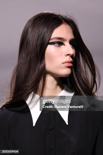 Model walks the runway at the Versace fashion show during the Milan Fashion Week Womenswear Fall/Winter 2024-2025 on February 23, 2024 in Milan,...