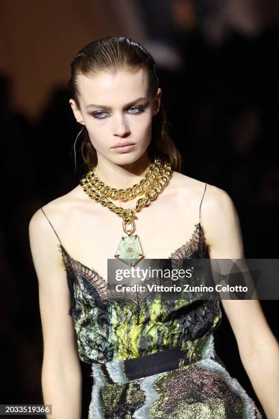 Model walks the runway at the Roberto Cavalli fashion show during the Milan Fashion Week Womenswear Fall/Winter 2024-2025 on February 21, 2024 in...