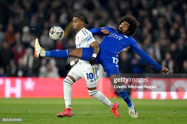 Crysencio Summerville of Leeds United is challenged by Hamza Choudhury of Leicester City during the Sky Bet Championship match between Leeds United...