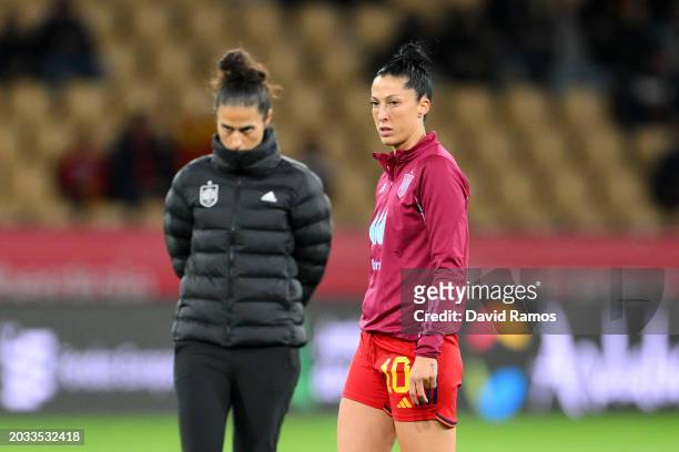 Jennifer Hermoso of Spain looks on in the warm up alongside Montserrat Tome, Head Coach of Spain , prior to the UEFA Women's Nations League 2024...
