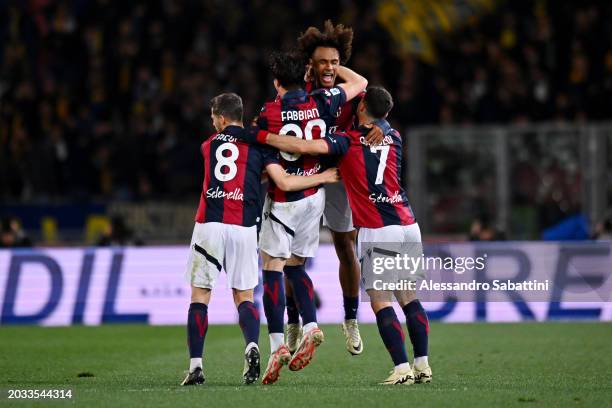 Giovanni Fabbian of Bologna FC celebrates scoring his team's first goal with teammates during the Serie A TIM match between Bologna FC and Hellas...