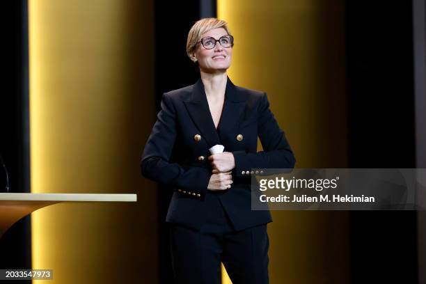 Judith Godrèche speaks on stage during the 49th Cesar Film Awards at L'Olympia on February 23, 2024 in Paris, France.