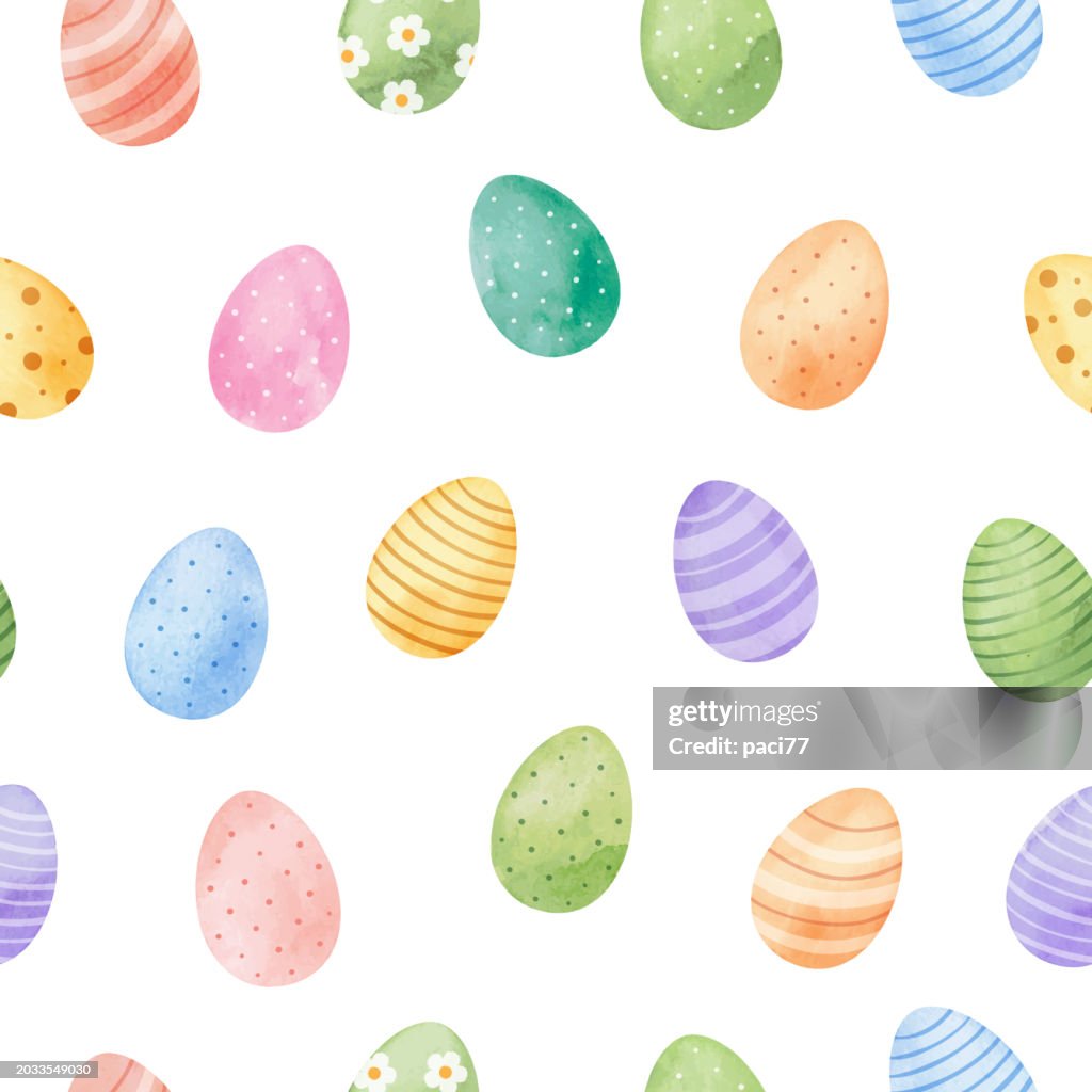 Easter seamless pattern with decorated eggs hand painted in watercolor.
