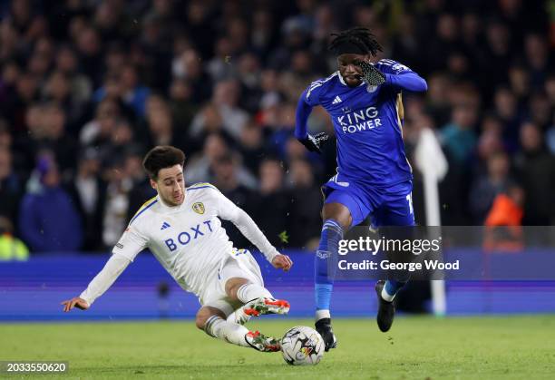 Stephy Mavididi of Leicester City is challenged by Ilia Gruev of Leeds United during the Sky Bet Championship match between Leeds United and...