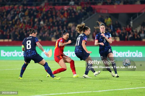 Jennifer Hermoso of Spain scores her team's first goal during the UEFA Women's Nations League 2024 semifinal match between Spain and Netherlands at...