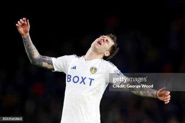 Joe Rodon of Leeds United reacts during the Sky Bet Championship match between Leeds United and Leicester City at Elland Road on February 23, 2024 in...