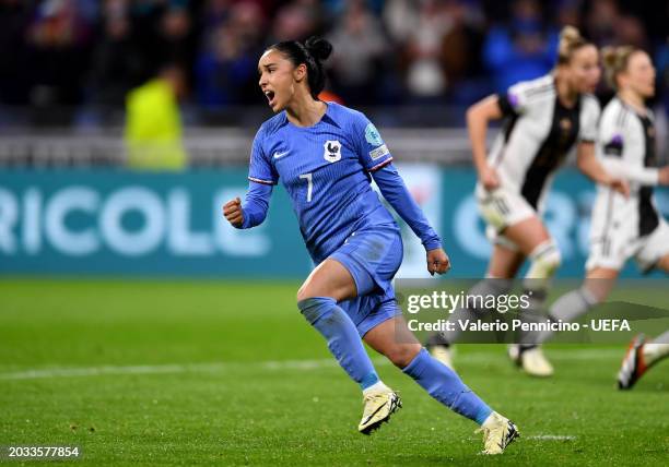 Sakina Karchaoui of France celebrates scoring her team's second goal from the penalty spot during the UEFA Women's Nations League Semi-Final match...