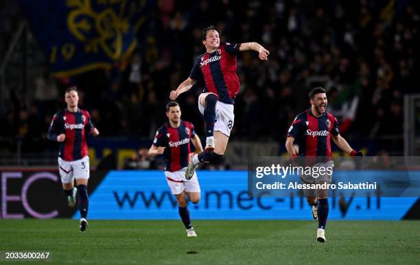 Giovanni Fabbian of Bologna FC celebrates scoring his team's first goal with teammate Riccardo Orsolini during the Serie A TIM match between Bologna...