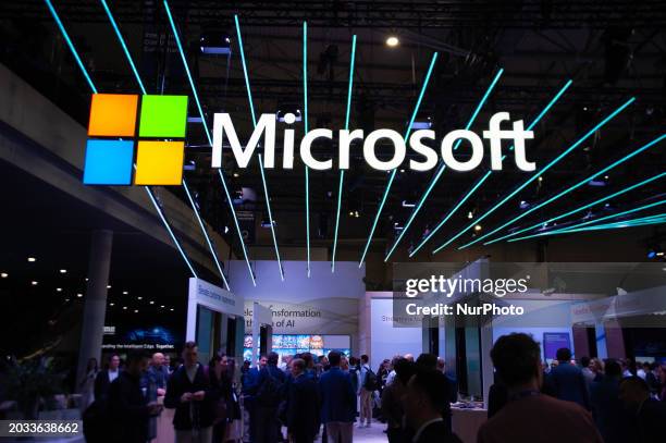 The Microsoft logo is on display at the Mobile World Congress in Barcelona, Spain, on February 26, 2024. The 2024 edition of the Mobile World...
