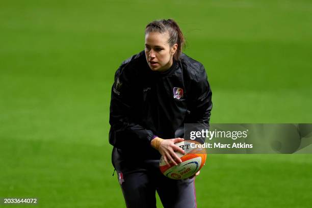 Emily Scarrett of Loughborough Lightning warms up prior to the Allianz Premiership Women's Rugby match between Bristol Bears and Loughborough...