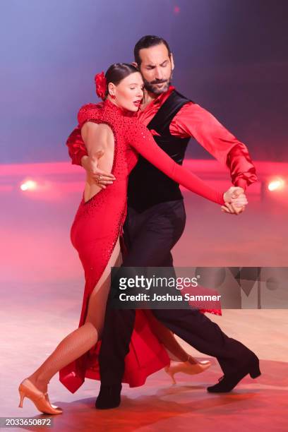 Ann-Kathrin Bendixen and Massimo Sinató perform during the "Let's Dance - Wer Tanzt Mit Wem Die Grosse Kennenlernshow" 2024 at MMC Studios on...