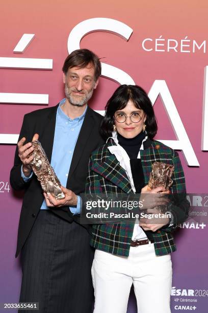 Sébastien Laudenbach and Chiara Malta pose in the winners room with the 'Best Animation Feature' Cesar Award for the movie 'Linda veut du poulet'...