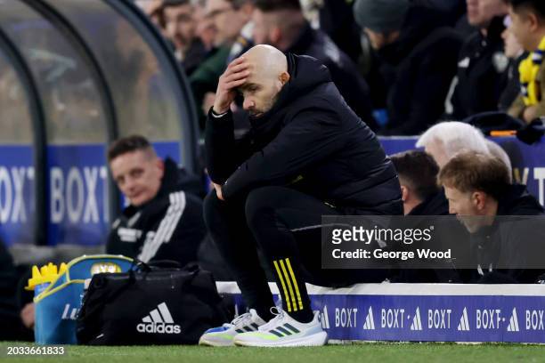 Enzo Maresca, Manager of Leicester City, reacts during the Sky Bet Championship match between Leeds United and Leicester City at Elland Road on...