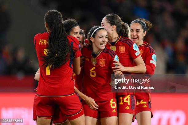 Ona Batlle of Spain celebrates scoring her team's third goal with teammates during the UEFA Women's Nations League 2024 semifinal match between Spain...