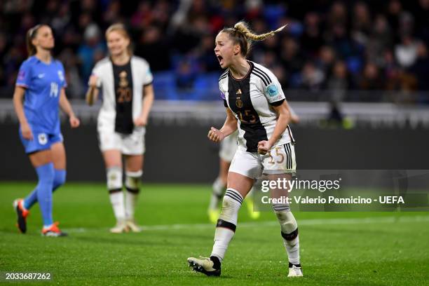 Giulia Gwinn of Germany celebrates scoring her team's first goal from the penalty-spot during the UEFA Women's Nations League Semi-Final match...