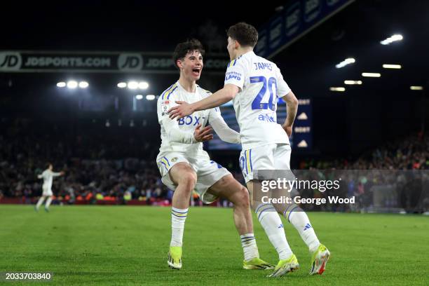 Daniel James of Leeds United celebrates scoring his team's third goal with teammate Archie Gray during the Sky Bet Championship match between Leeds...