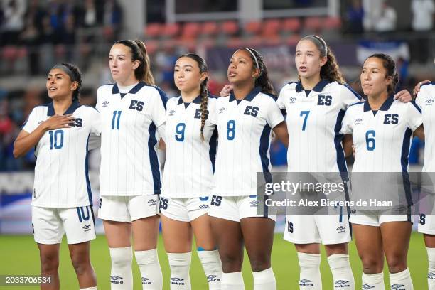 The El Salvador Women's National team lines up for the national anthem prior to a Group C - 2024 Concacaf W Gold Cup game against Costa Rica at Shell...