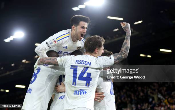 Daniel James of Leeds United celebrates scoring his team's third goal with teammates during the Sky Bet Championship match between Leeds United and...