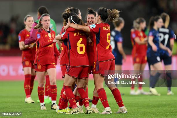 Players of Spain celebrate victory in the UEFA Women's Nations League 2024 semifinal match between Spain and Netherlands at Estadio de La Cartuja on...