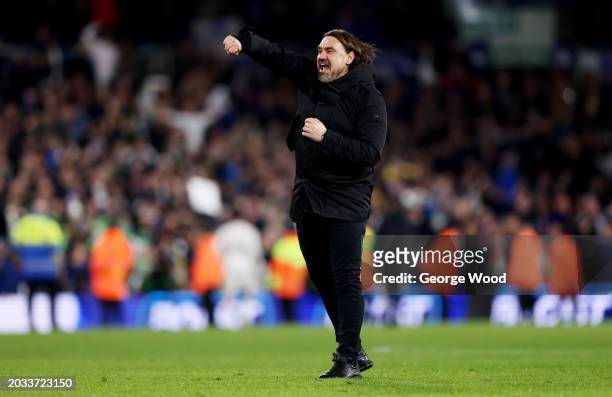 Daniel Farke, Manager of Leeds United, celebrates victory in the Sky Bet Championship match between Leeds United and Leicester City at Elland Road on...