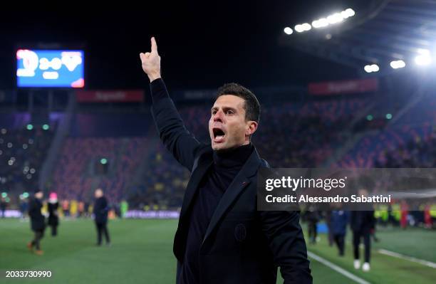 Thiago Motta, Head Coach of Bologna FC, celebrates following the team's victory in the Serie A TIM match between Bologna FC and Hellas Verona FC at...