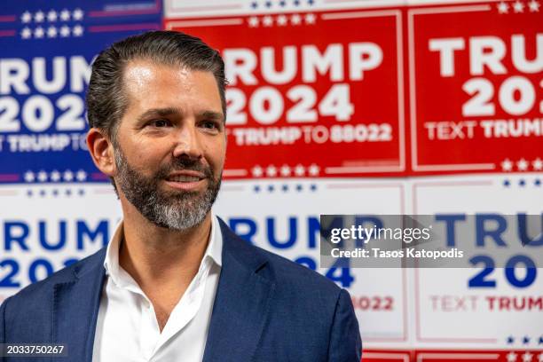 Donald Trump Jr. Speaks to media at a rally for his father, Republican Presidential candidate, former U.S. President Donald Trump on February 23,...