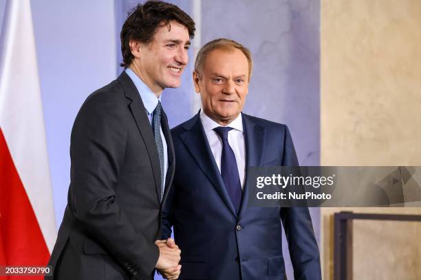 Polish Prime Minister Donald Tusk greets the Prime Minister of Canada, Justin Trudeau as they meet for bilateral talks in the PM&quot;s Cancellary on...