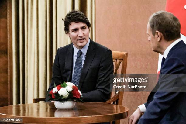 Polish Prime Minister Donald Tusk and the Prime Minister of Canada, Justin Trudeau meet for bilateral talks in the PM&quot;s Cancellary on Ujazdowska...