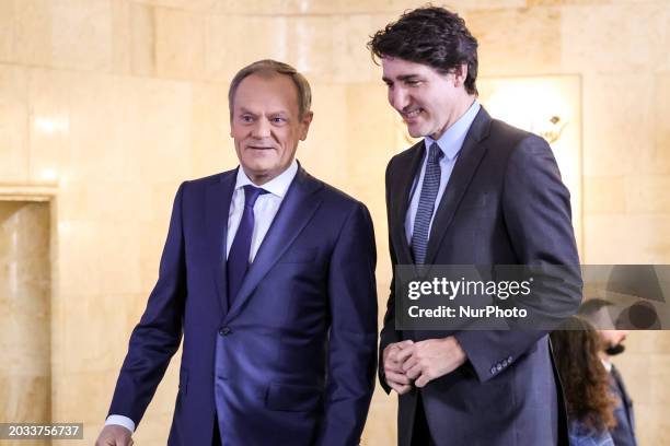 Polish Prime Minister Donald Tusk greets the Prime Minister of Canada, Justin Trudeau as they meet for bilateral talks in the PM&quot;s Cancellary on...